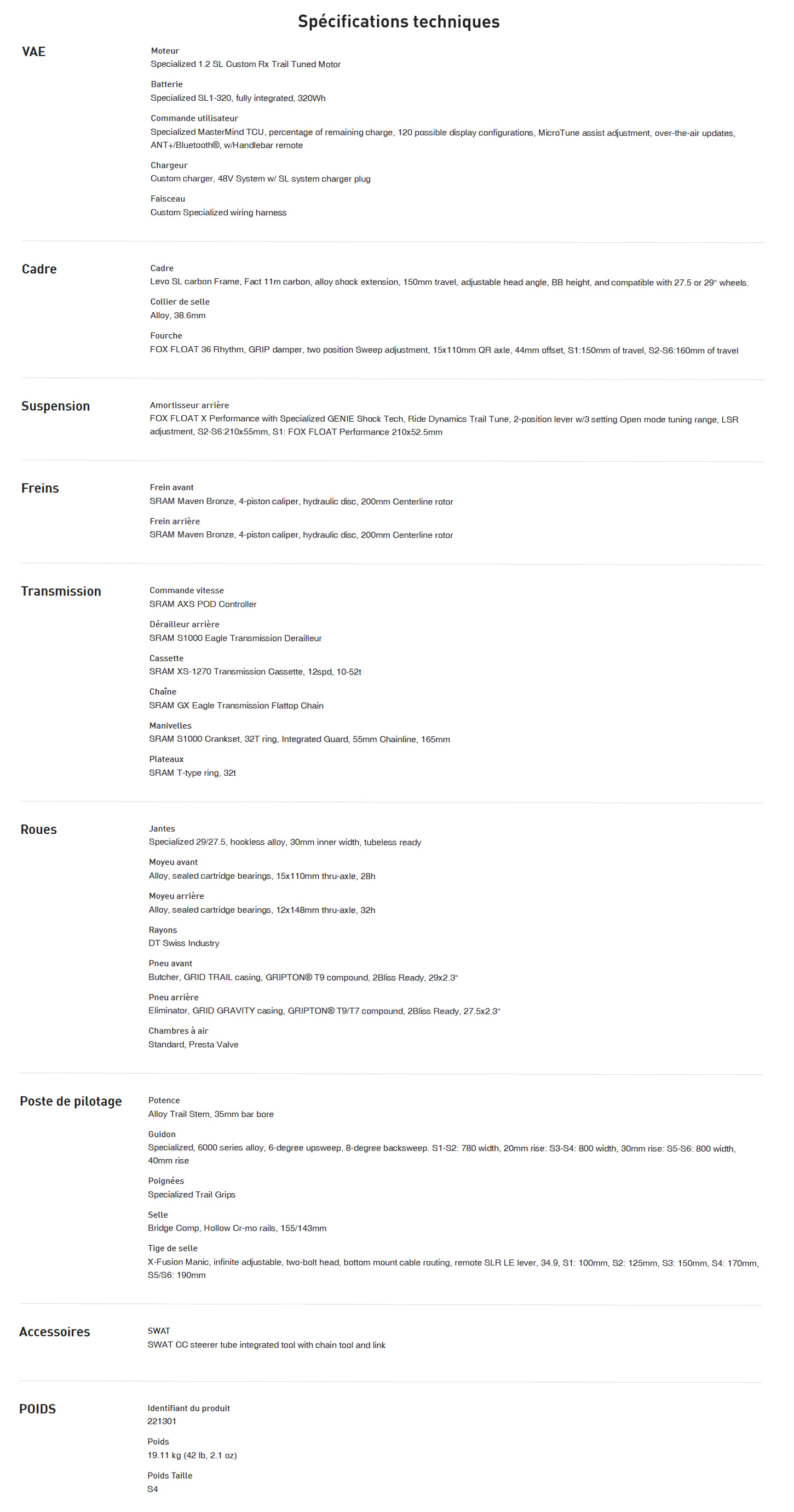 Fiche technique du vélo électrique Turbo Levo SL 2 Comp année 2025